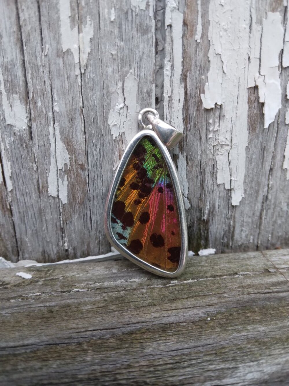 Vintage Sterling Silver Madagascar Sunset Moth Wing Reversable Pendant - Picture 5 of 9